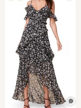 Black Floral Ruffle High-Low Maxi Dress